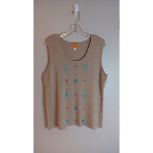 Vintage Ruby Rd Knit Embellished Tank Top Tan Sz 1X
